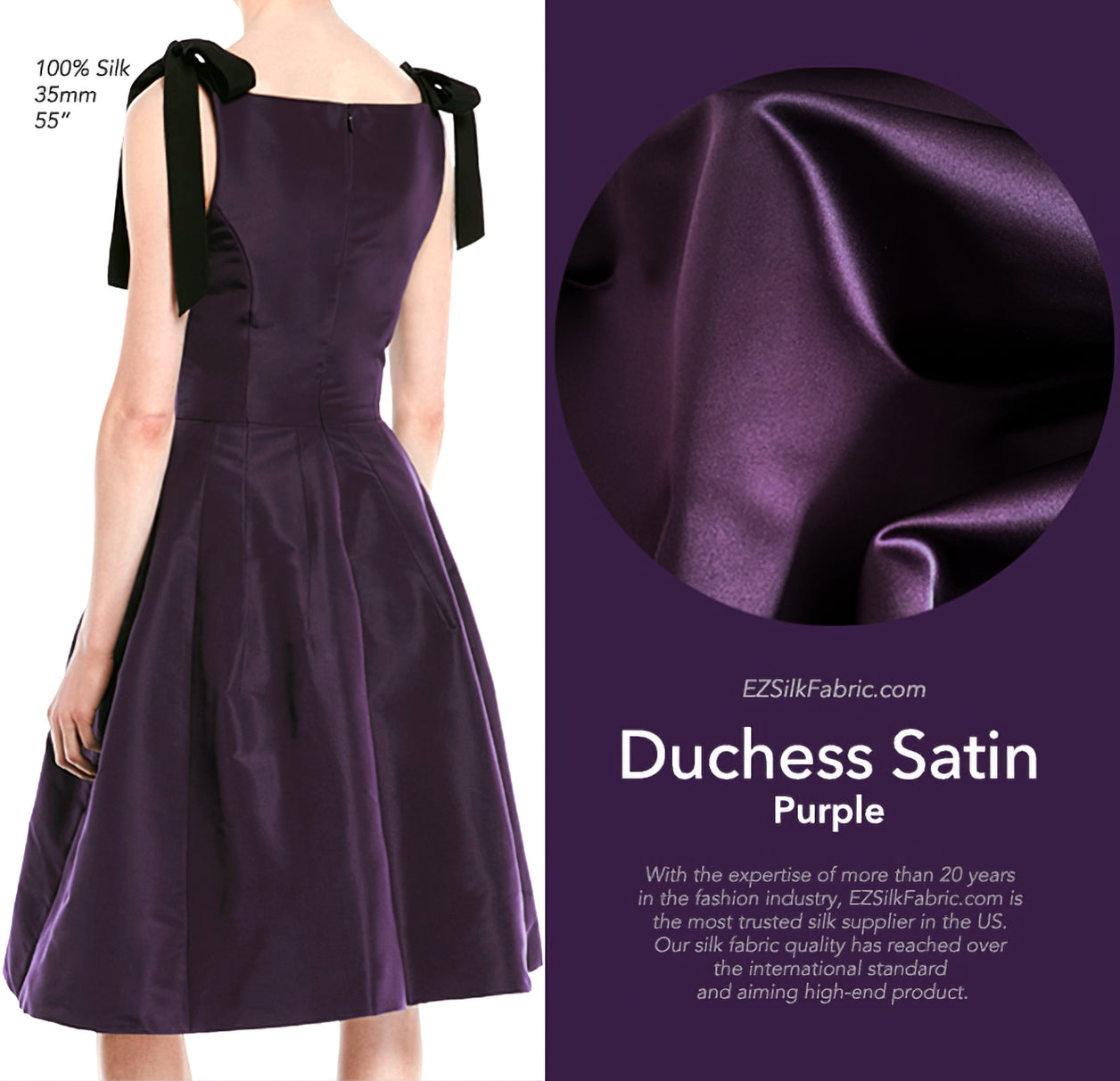 Silk Duchess Satin Fabric, 35mm, 55", Purple